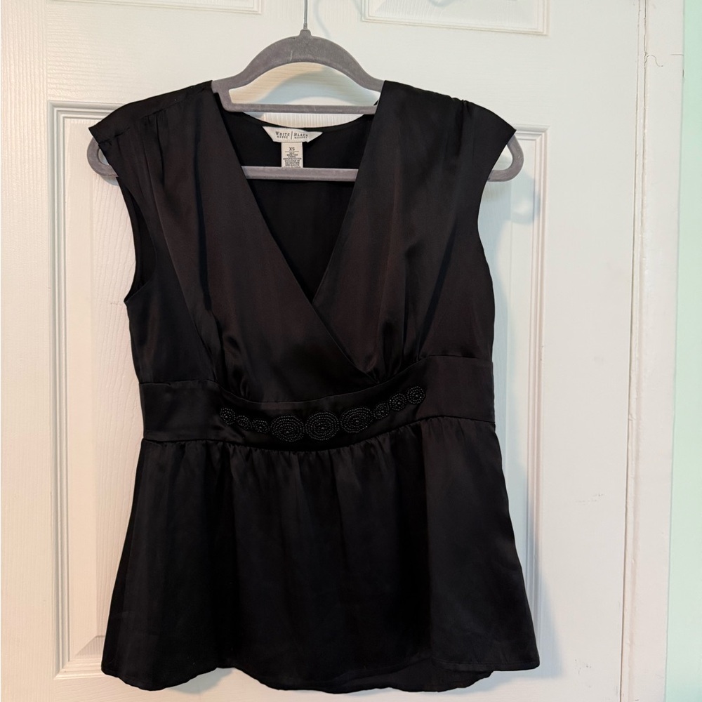 White House Black Market Black V-Neck Blouse, Beaded, Lined 100% Silk, Dressy